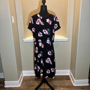🌸Talbots Floral Black Pink Basic Sheath Dress Round Neckline Knee Length Sz 16